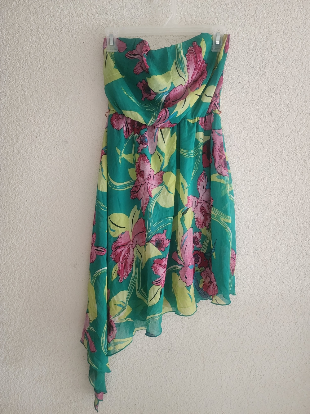Strapless Teal, Lime Green, Pink Floral Asymmetric Summer Dress